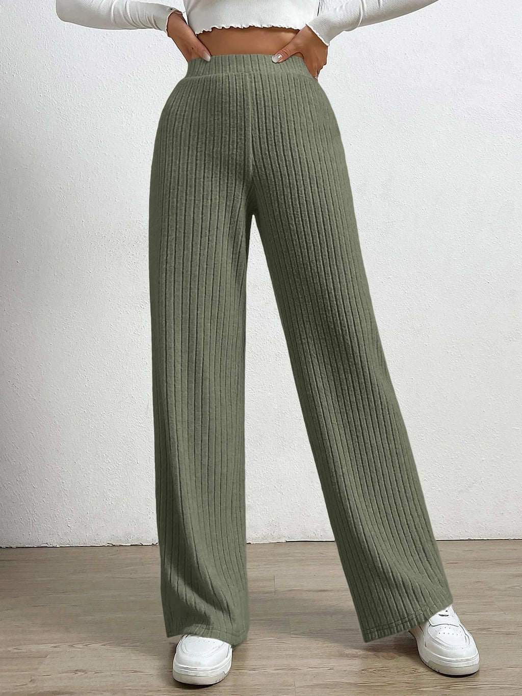 Solid Color High Waist Ribbed Straight Loose Casual Pants