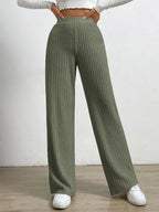 Solid Color High Waist Ribbed Straight Loose Casual Pants
