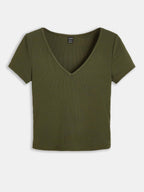 V-Neck Short Sleeve Solid Color Slim Fit Casual Tee
