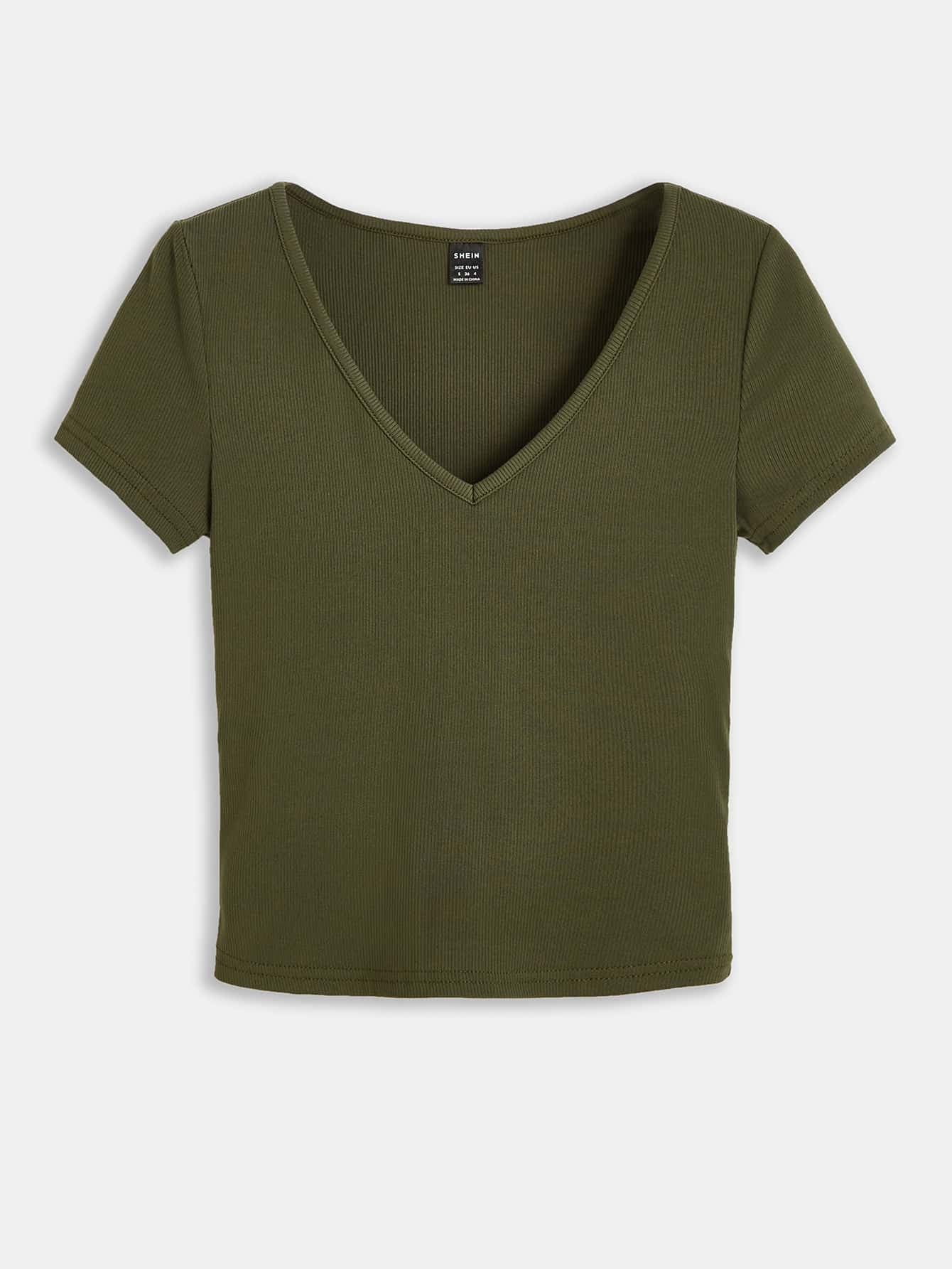 V-Neck Short Sleeve Solid Color Slim Fit Casual Tee