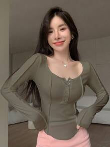 Solid Button Front Curved Hem