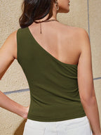One Shoulder Ribbed Tank Top – Sleeveless Asymmetrical Slim Fit Summer Tee