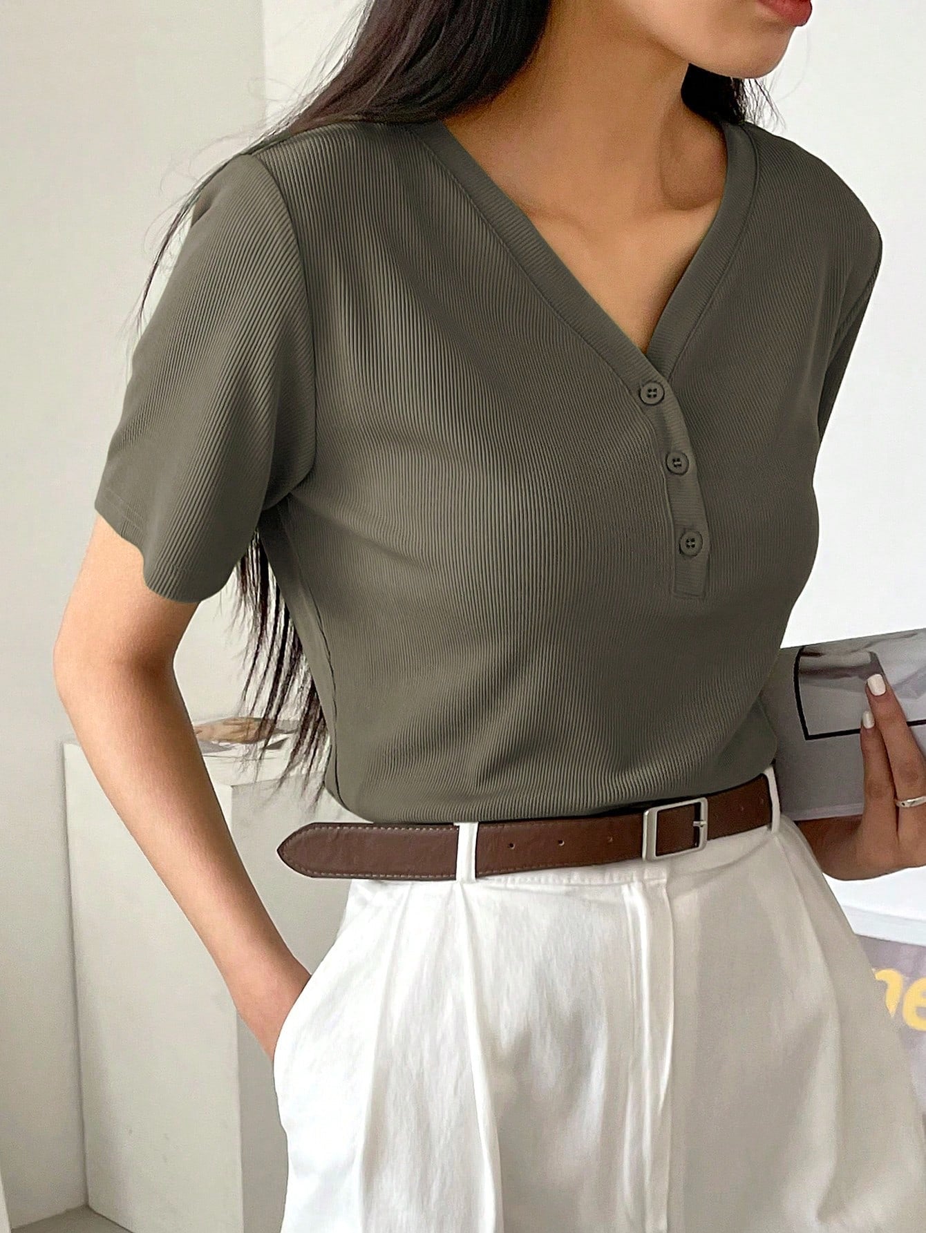 Less Solid Rib Knit Button Front Tee Old Money Style
