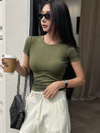 Solid Color Round Neck Short Sleeve Cropped Slim Fit Casual T-Shirt