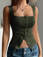 French Style Square Neck Sleeveless Slit Knit Tank Top