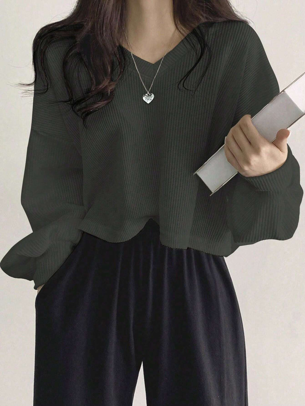 Solid Color V-Neck Dropped Shoulder Long Sleeve Loose Casual T-Shirt