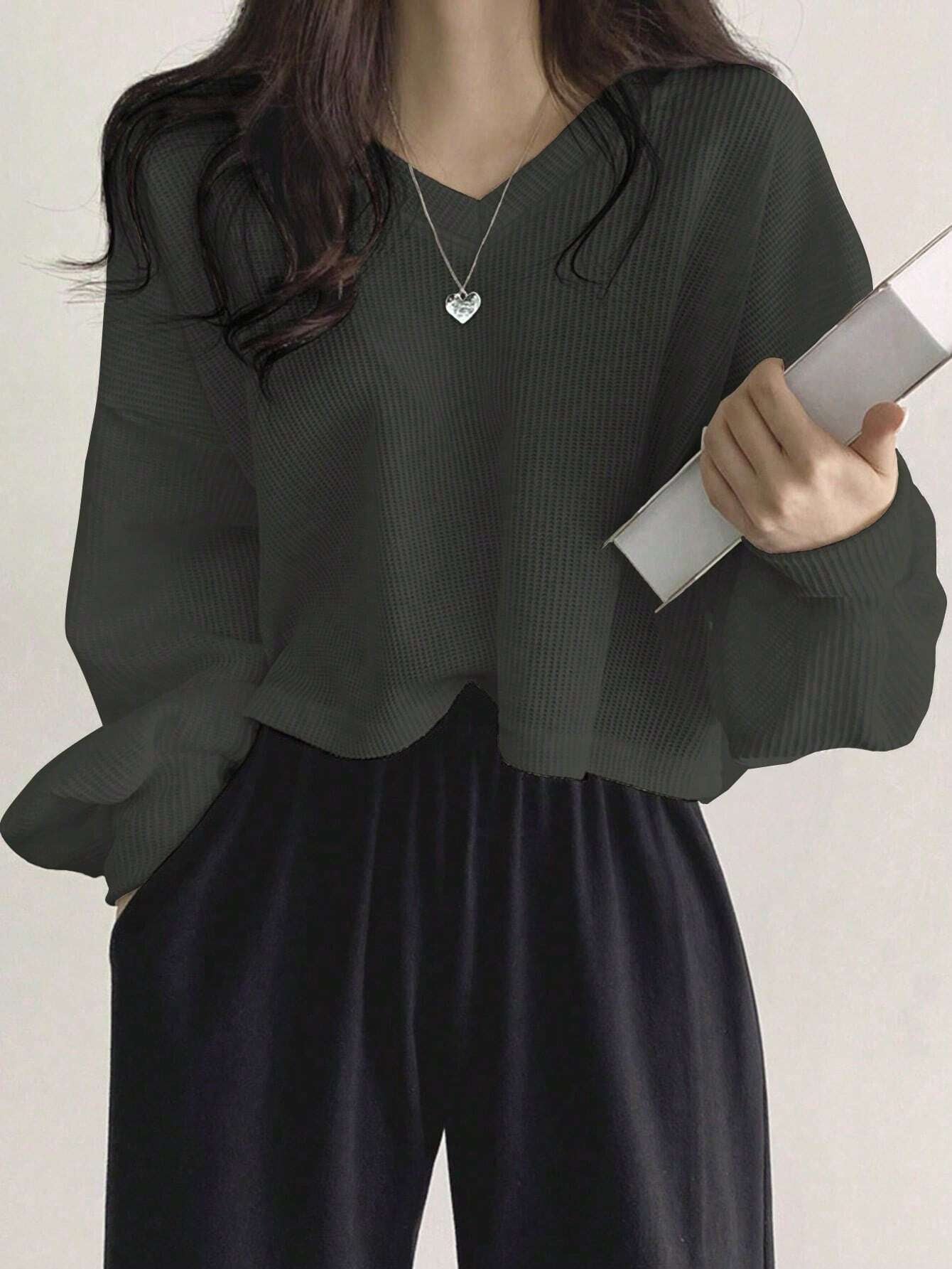 Solid Color V-Neck Dropped Shoulder Long Sleeve Loose Casual T-Shirt