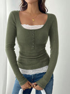 Round Neck 2 In 1 Lace Patchwork T-Shirt, Brown Velour Ribbed