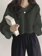 Solid Color V-Neck Dropped Shoulder Long Sleeve Loose Casual T-Shirt