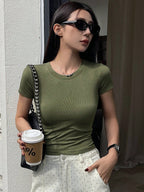 Solid Color Round Neck Short Sleeve Cropped Slim Fit Casual T-Shirt