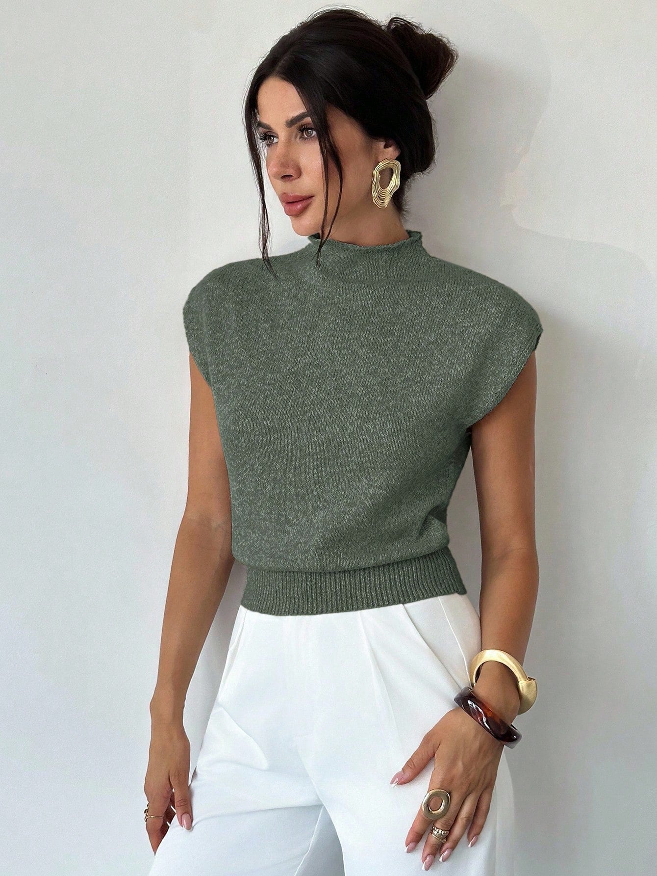 High Neck Loose Casual Versatile Sleeveless Knit Sweater