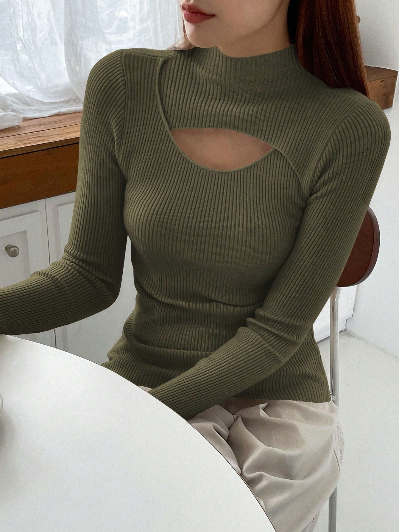 Stand Collar Long Sleeve Hollow Pullover Tops