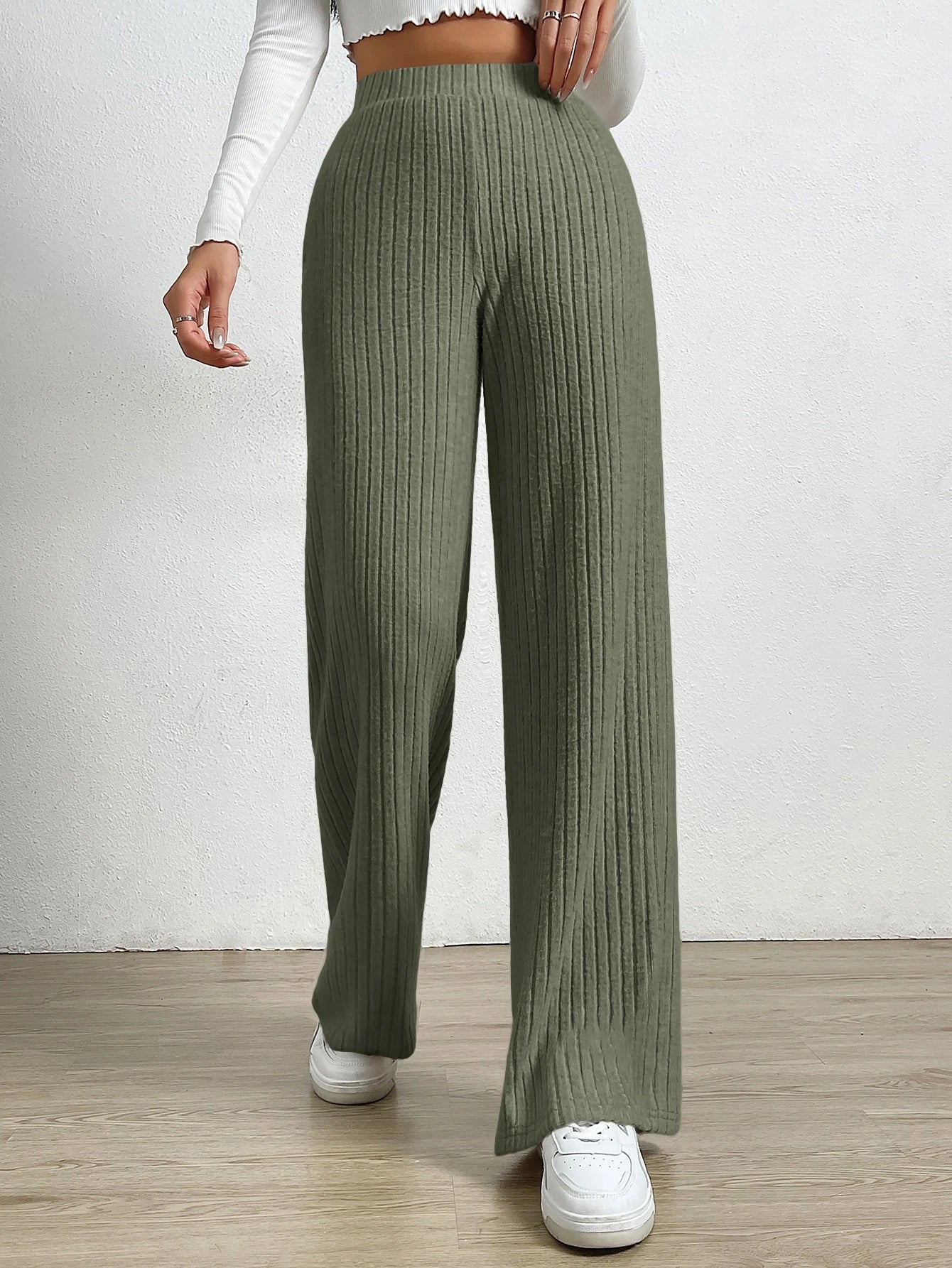 Solid Color High Waist Ribbed Straight Loose Casual Pants