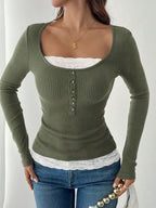 Round Neck 2 In 1 Lace Patchwork T-Shirt, Brown Velour Ribbed