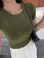 Solid Color Round Neck Short Sleeve Cropped Slim Fit Casual T-Shirt