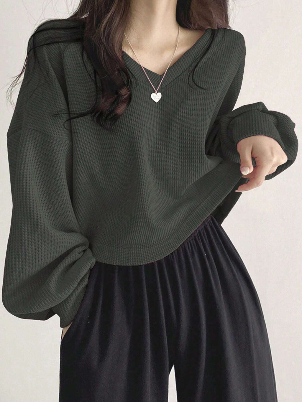 Solid Color V-Neck Dropped Shoulder Long Sleeve Loose Casual T-Shirt