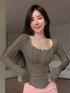 Solid Button Front Curved Hem