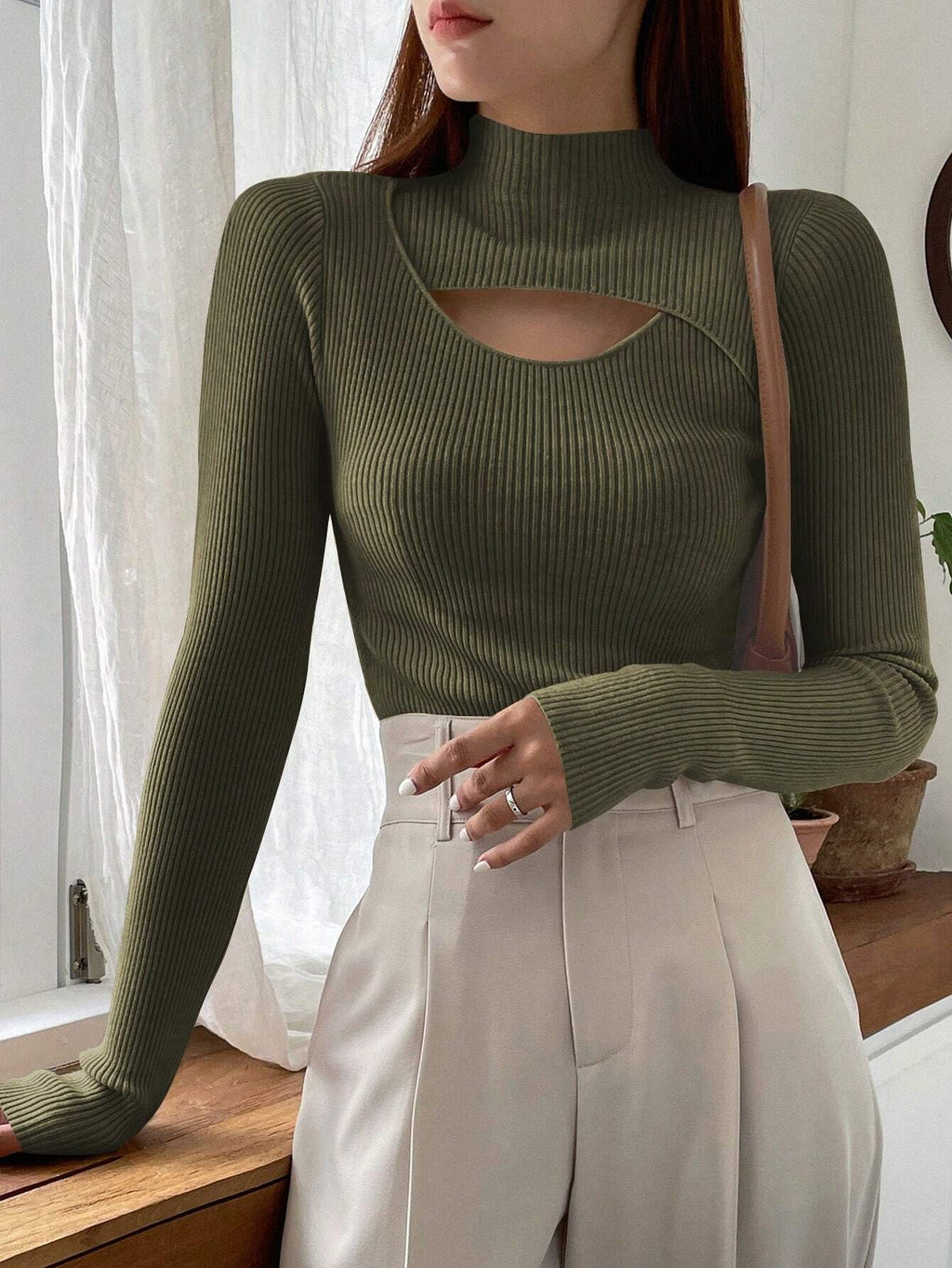 Stand Collar Long Sleeve Hollow Pullover Tops