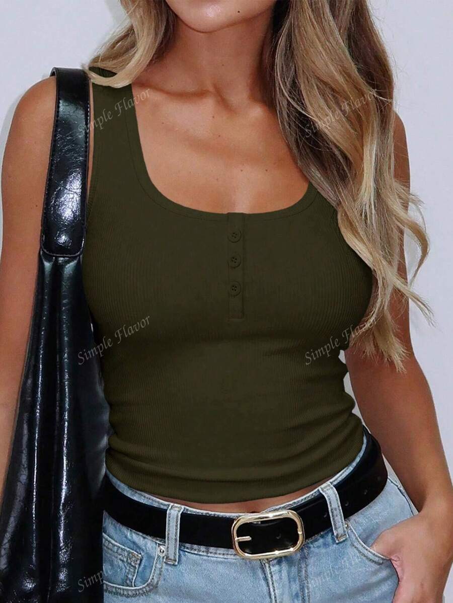 Solid Color Button Half Placket Tank Top