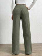 Solid Color High Waist Ribbed Straight Loose Casual Pants