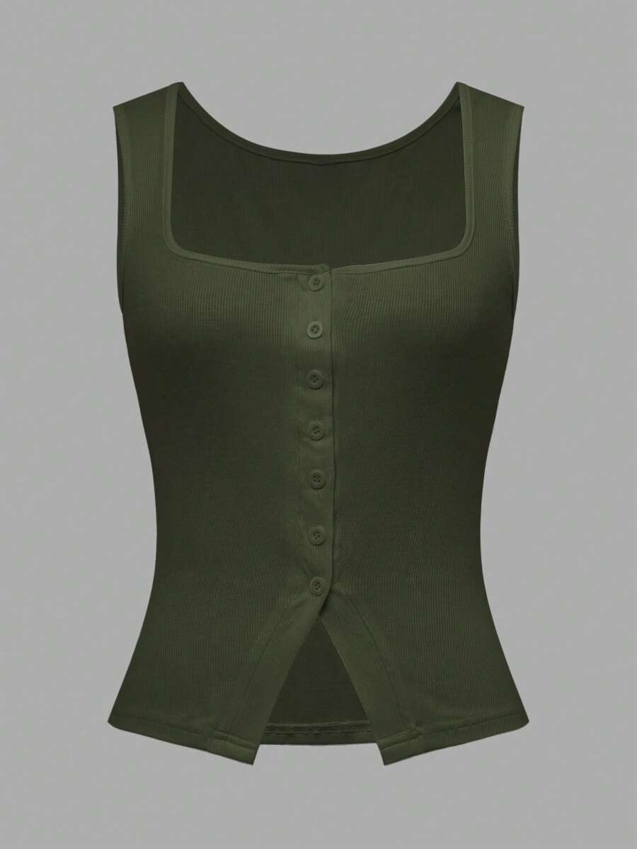 French Style Square Neck Sleeveless Slit Knit Tank Top
