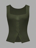 French Style Square Neck Sleeveless Slit Knit Tank Top