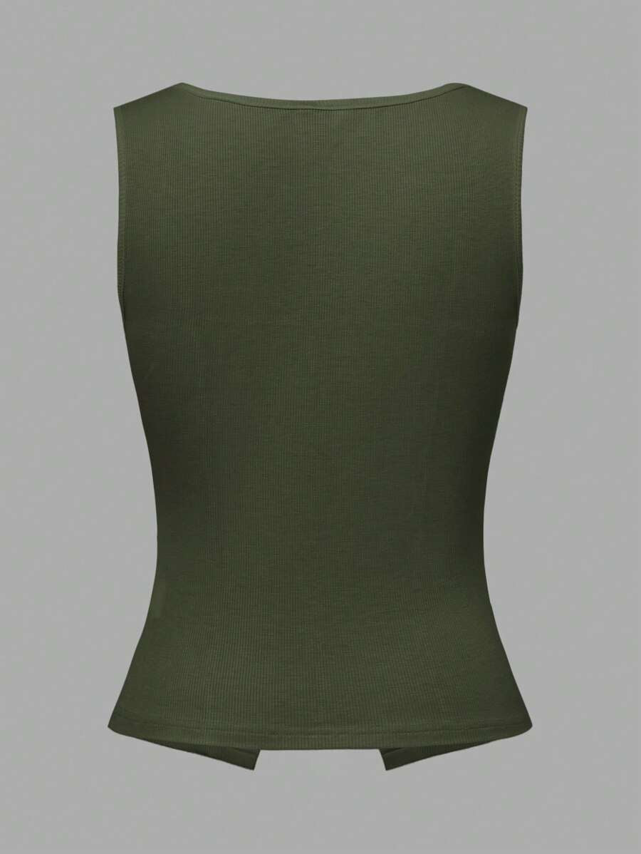 French Style Square Neck Sleeveless Slit Knit Tank Top
