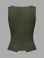 French Style Square Neck Sleeveless Slit Knit Tank Top