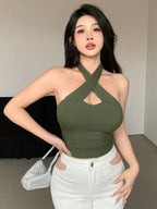 Solid Color Wrapped Halter Neck Slim Fit Tank Top Summer