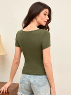 V-Neck Short Sleeve Solid Color Slim Fit Casual Tee