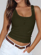 Solid Color Button Half Placket Tank Top