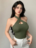 Solid Color Wrapped Halter Neck Slim Fit Tank Top Summer