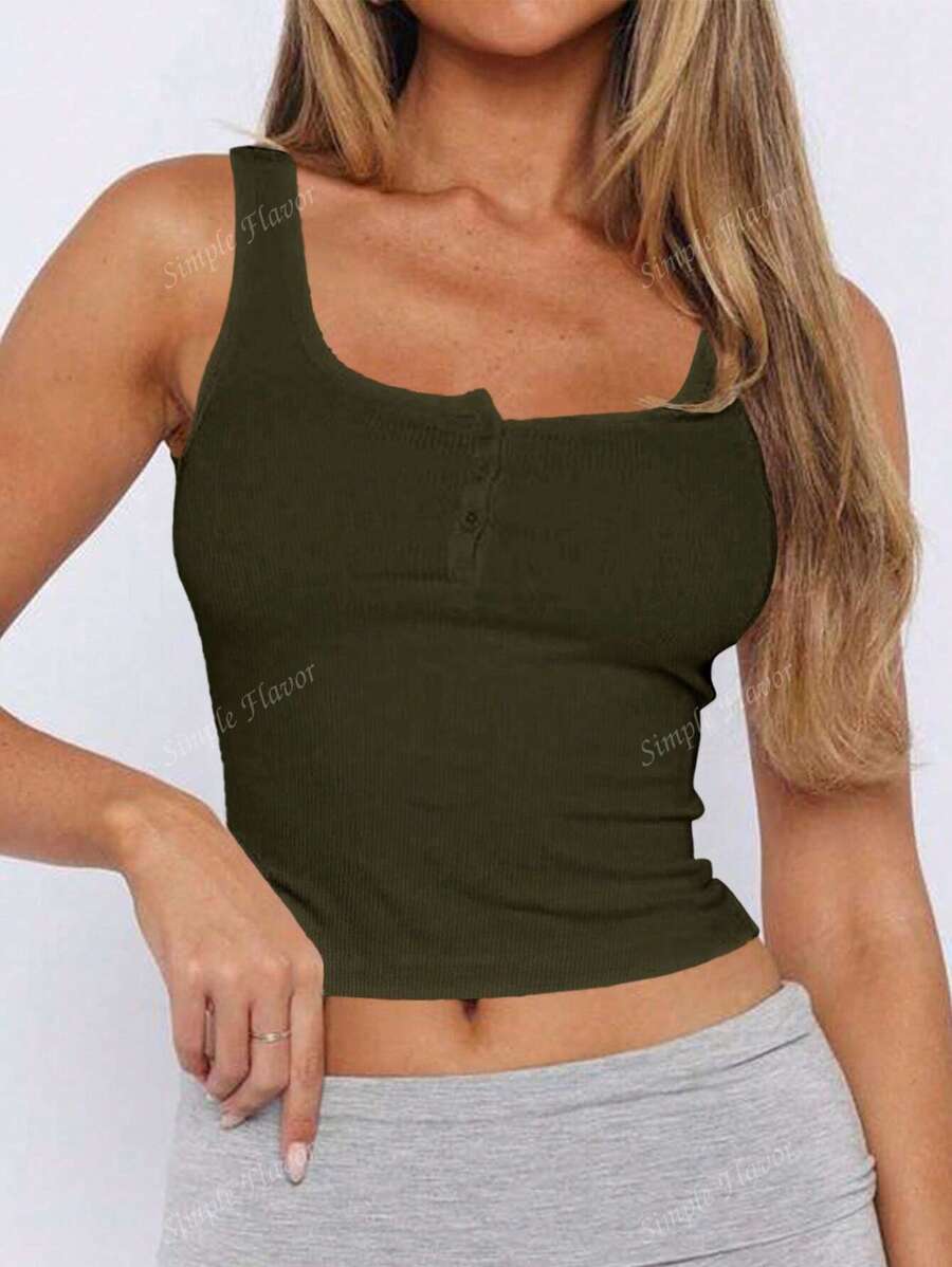 Solid Color Button Half Placket Tank Top