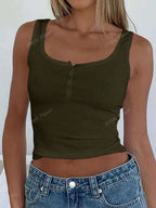 Solid Color Button Half Placket Tank Top