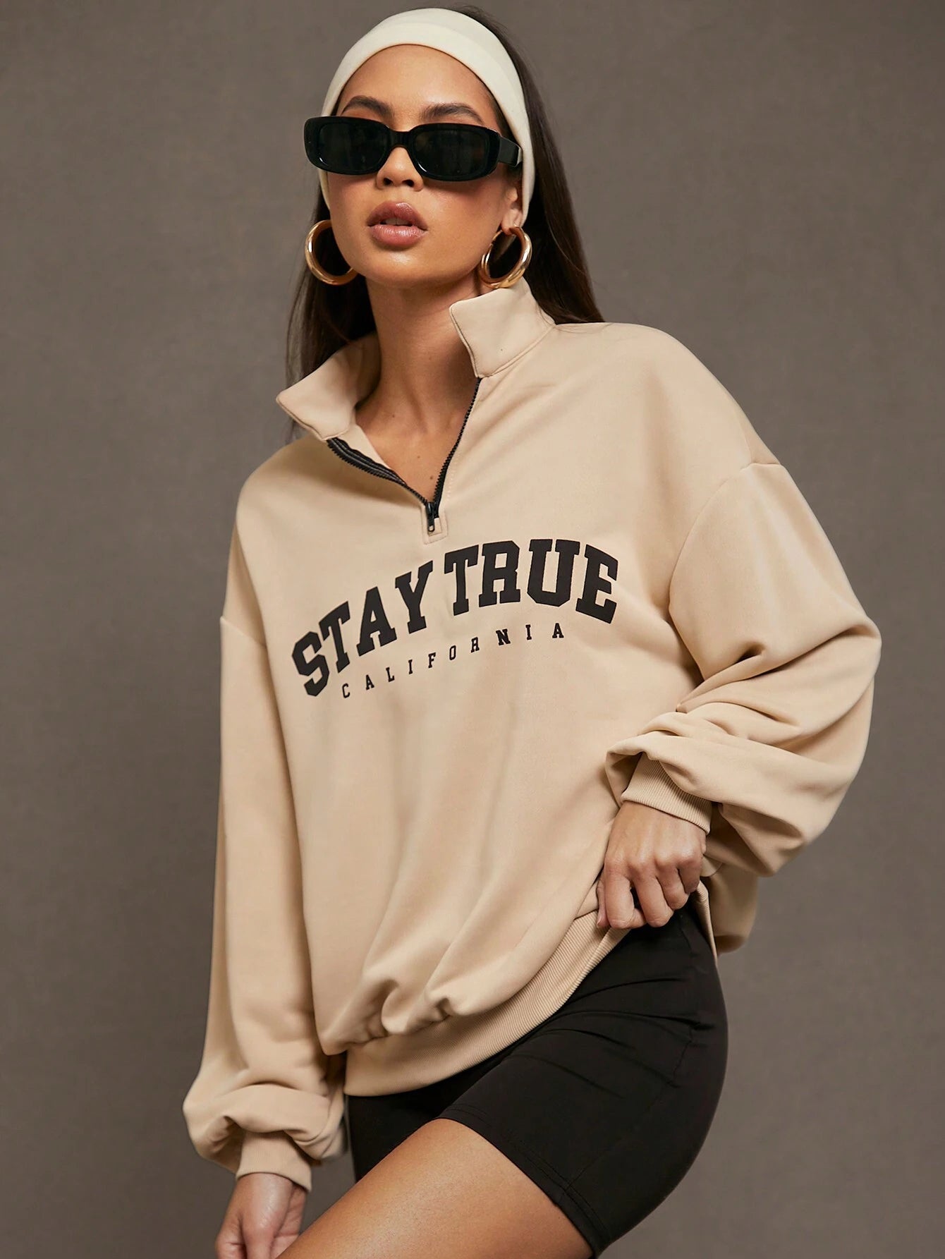 Letter Graphic Quarter Zip Drop Shoulder Sweatshirt, Long Sleeve Tops