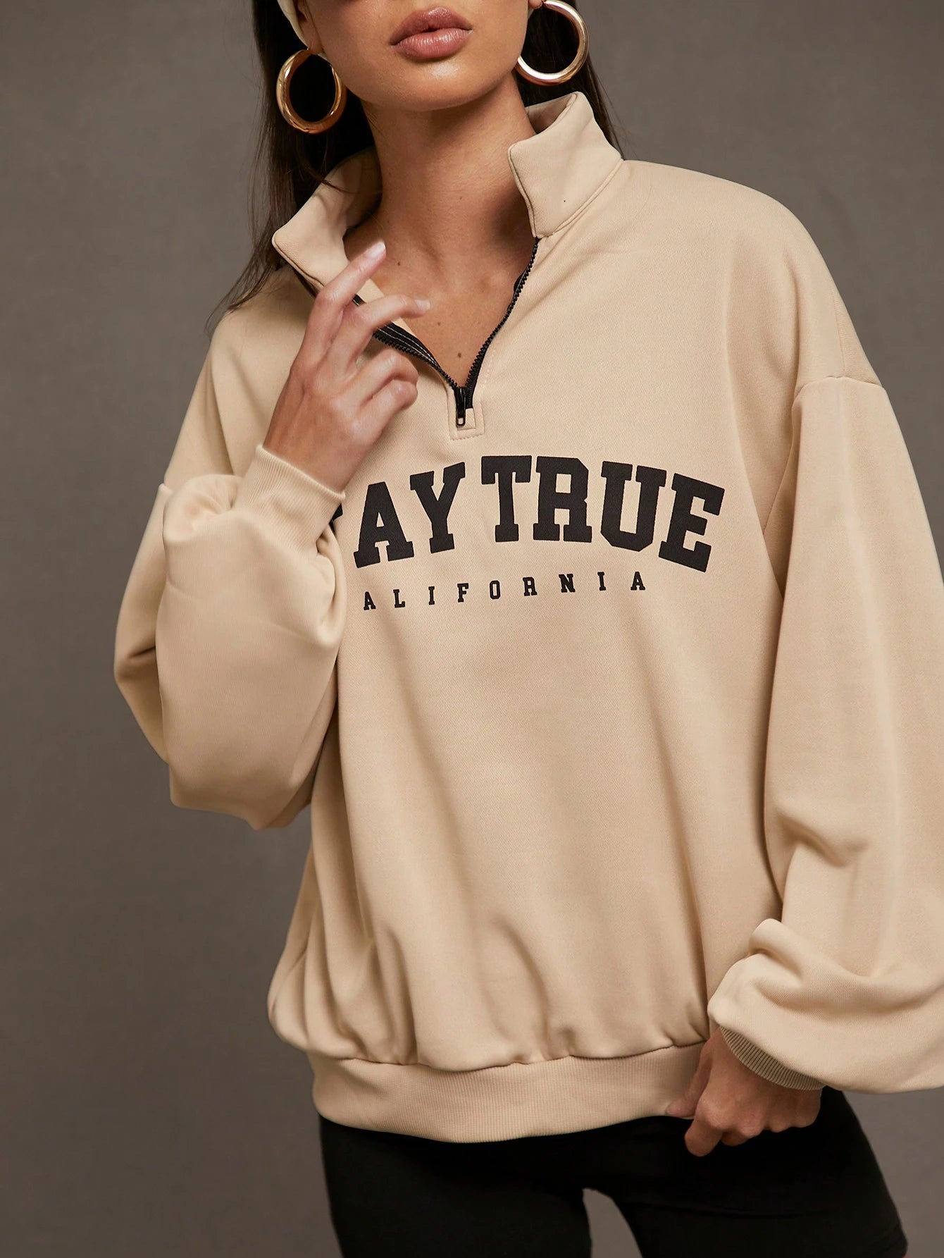 Letter Graphic Quarter Zip Drop Shoulder Sweatshirt, Long Sleeve Tops