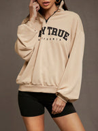 Letter Graphic Quarter Zip Drop Shoulder Sweatshirt, Long Sleeve Tops