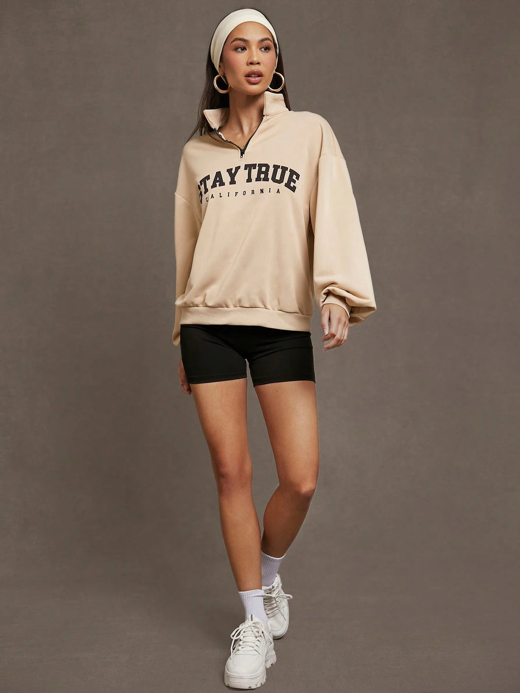 Letter Graphic Quarter Zip Drop Shoulder Sweatshirt, Long Sleeve Tops