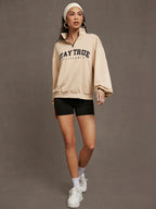 Letter Graphic Quarter Zip Drop Shoulder Sweatshirt, Long Sleeve Tops