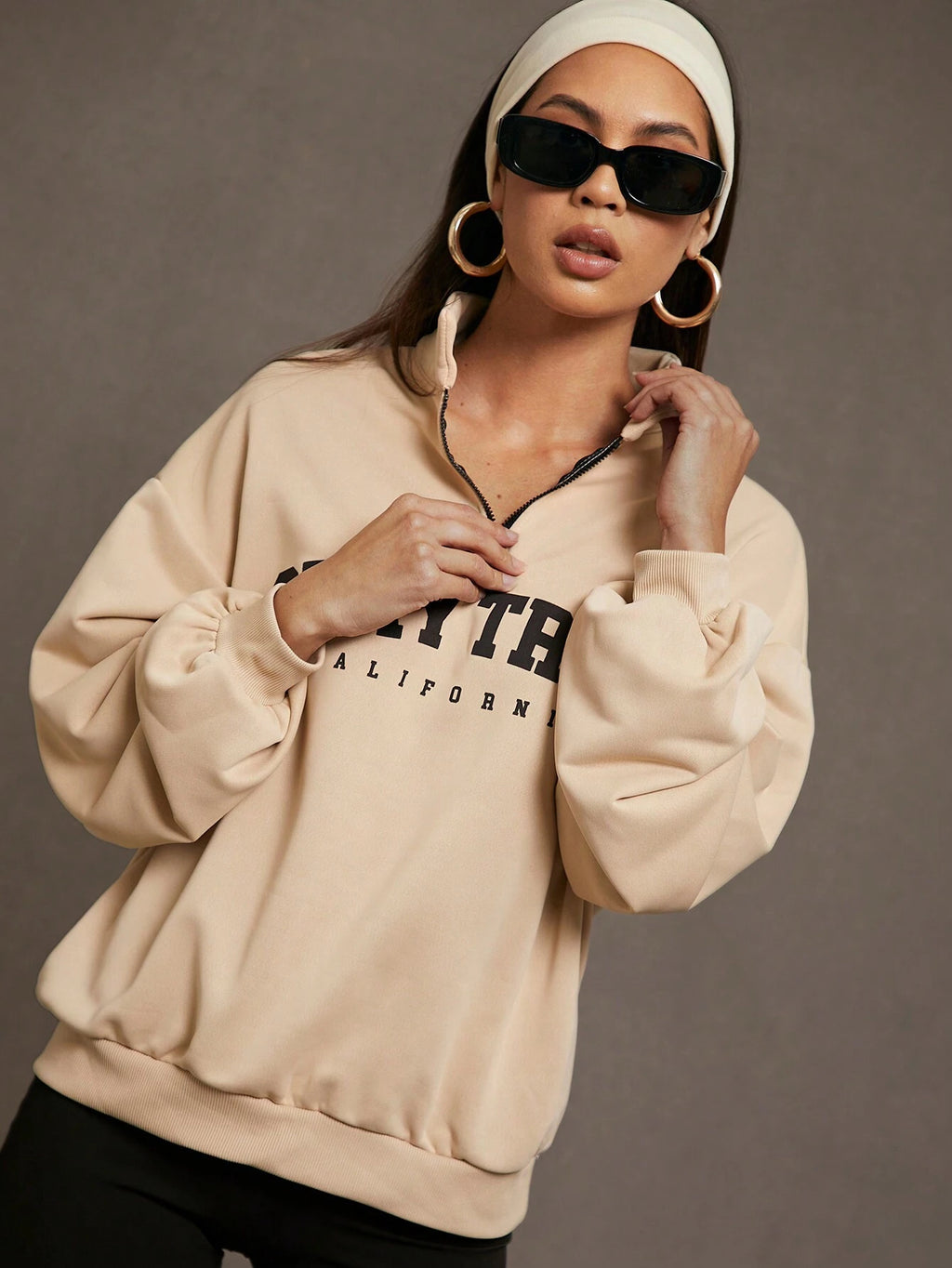 Letter Graphic Quarter Zip Drop Shoulder Sweatshirt, Long Sleeve Tops