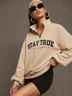 Letter Graphic Quarter Zip Drop Shoulder Sweatshirt, Long Sleeve Tops
