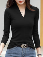 Casual Long Sleeve T-Shirt - Deep V-Neck Semi-Sheer Top