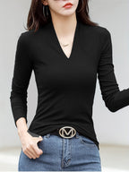 Casual Long Sleeve T-Shirt - Deep V-Neck Semi-Sheer Top