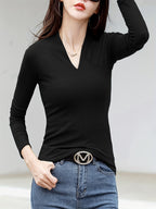 Casual Long Sleeve T-Shirt - Deep V-Neck Semi-Sheer Top