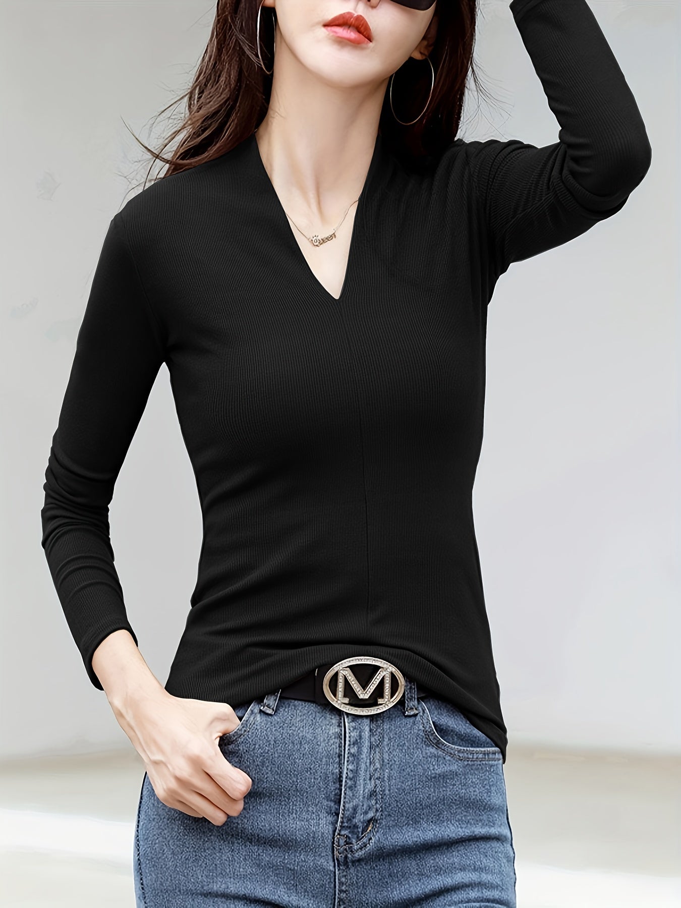 Casual Long Sleeve T-Shirt - Deep V-Neck Semi-Sheer Top