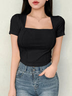 Women's Solid Color Swan Collar Short Sleeve T-Shirt