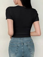 Women's Solid Color Swan Collar Short Sleeve T-Shirt