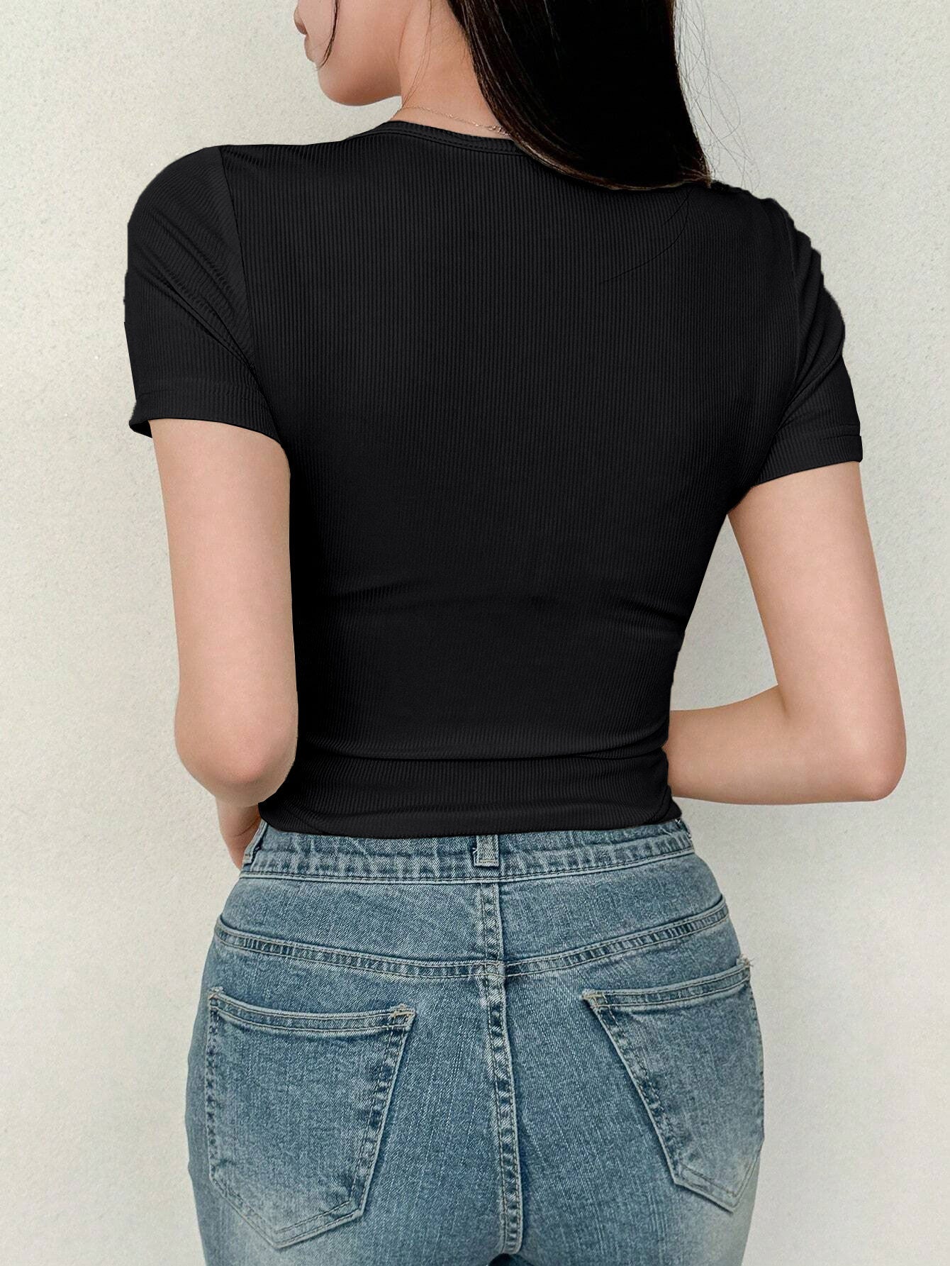 Women's Solid Color Swan Collar Short Sleeve T-Shirt