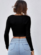 Neck Button Placket Rib-knit Tee