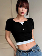Color Block Fake Two Pieces Slim Fit Short Sleeve T-Shirt